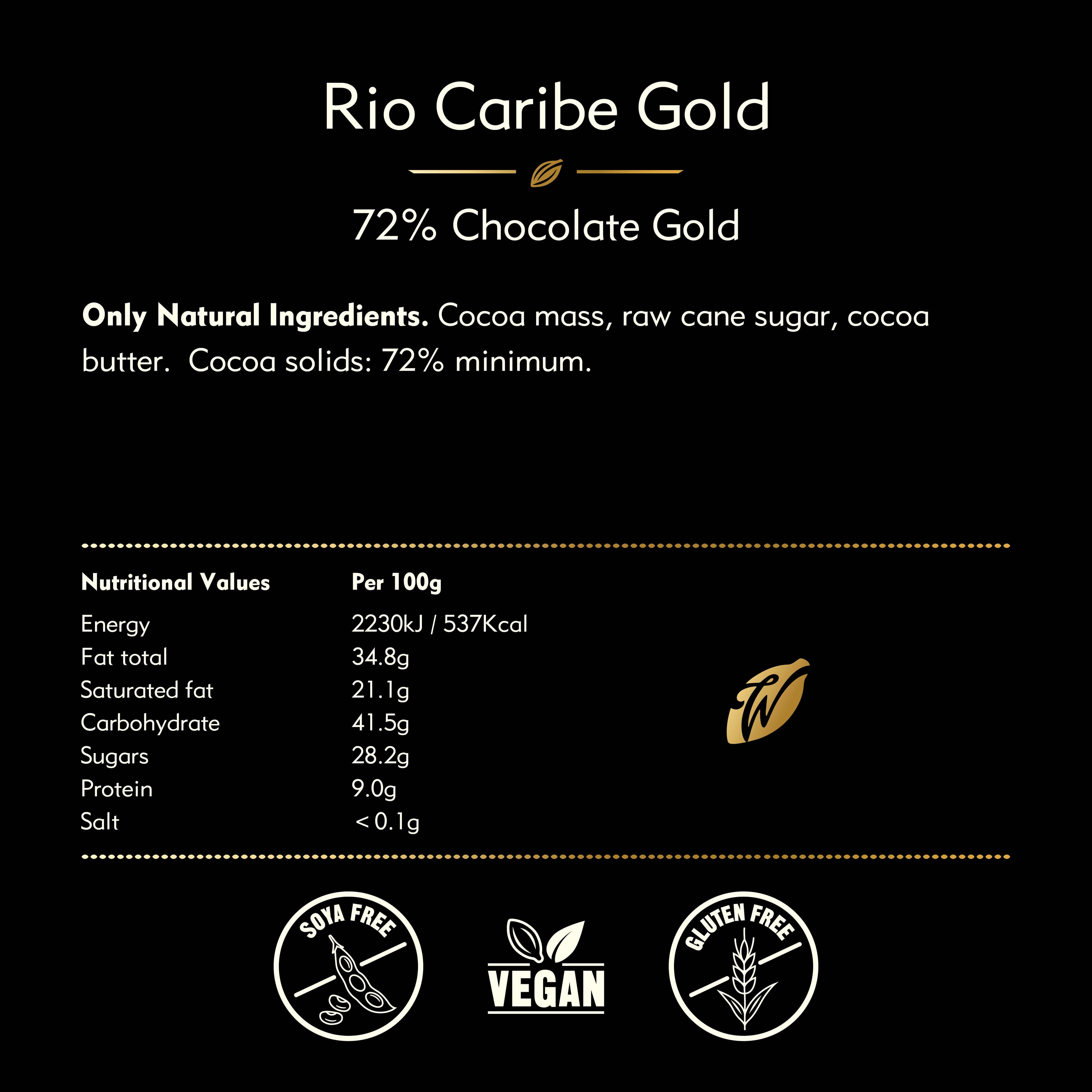 Willie's Cacao Rio Caribe Gold 72% Dark Chocolate nutrition facts and ingredients label, single-origin Rio Caribe Venezuela, vegan soy-free gluten-free