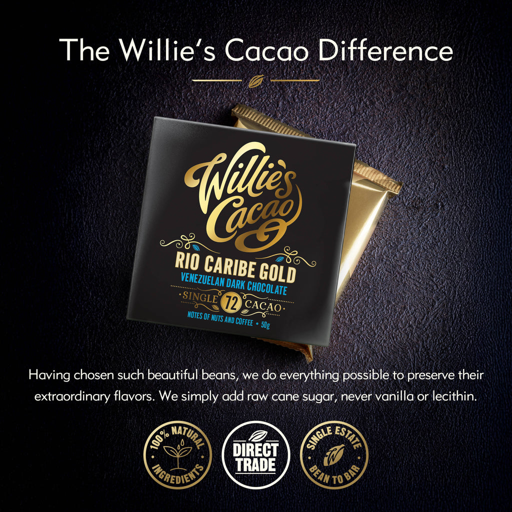 Willie's Cacao Rio Caribe Gold 72% Venezuelan Dark Chocolate packaging and wrapped bar on dark background with complex notes of nuts and coffee