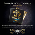 Willie's Cacao Rio Caribe Gold 72% Venezuelan Dark Chocolate packaging and wrapped bar on dark background with complex notes of nuts and coffee