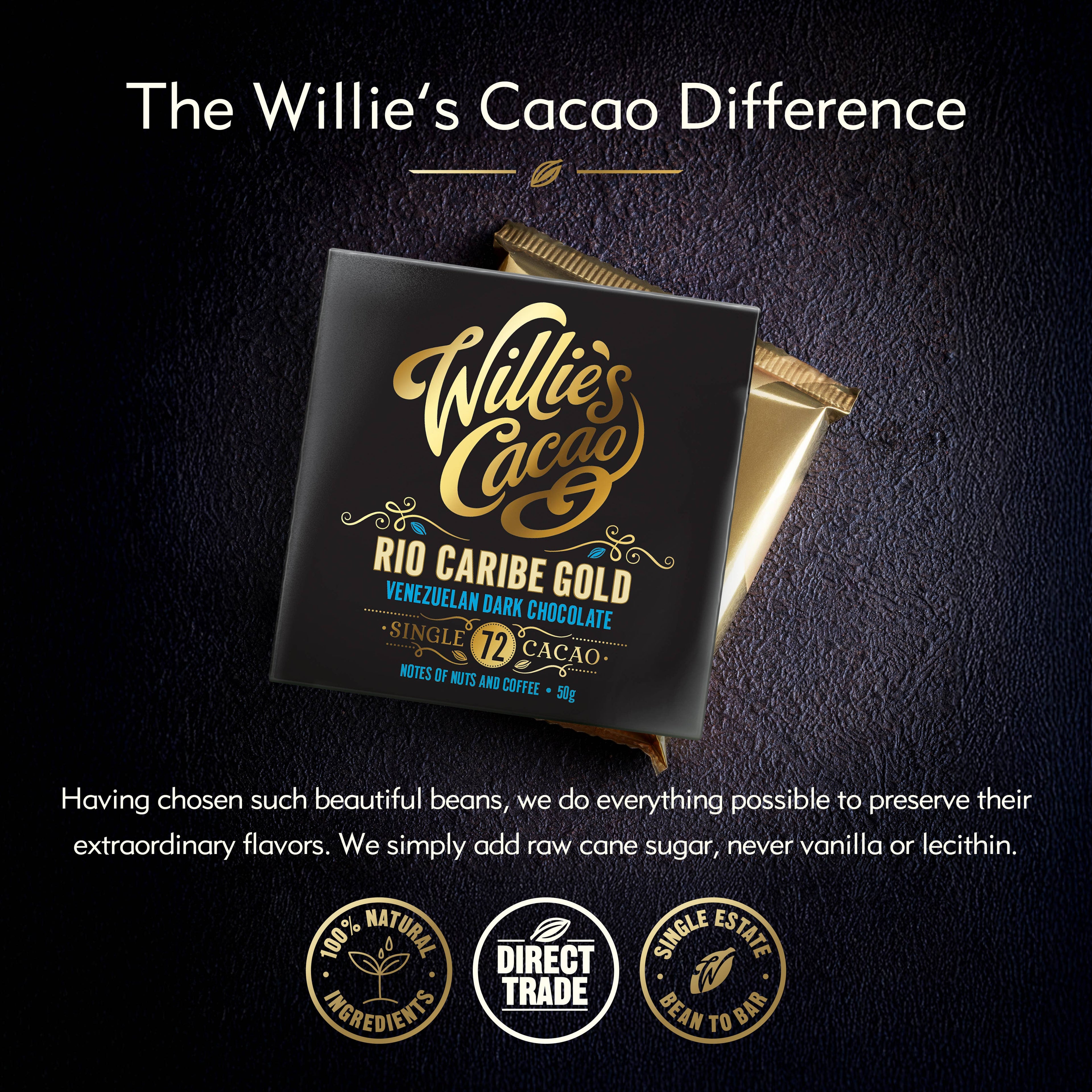 Willie's Cacao Rio Caribe Gold 72% Venezuelan Dark Chocolate packaging and wrapped bar on dark background with complex notes of nuts and coffee