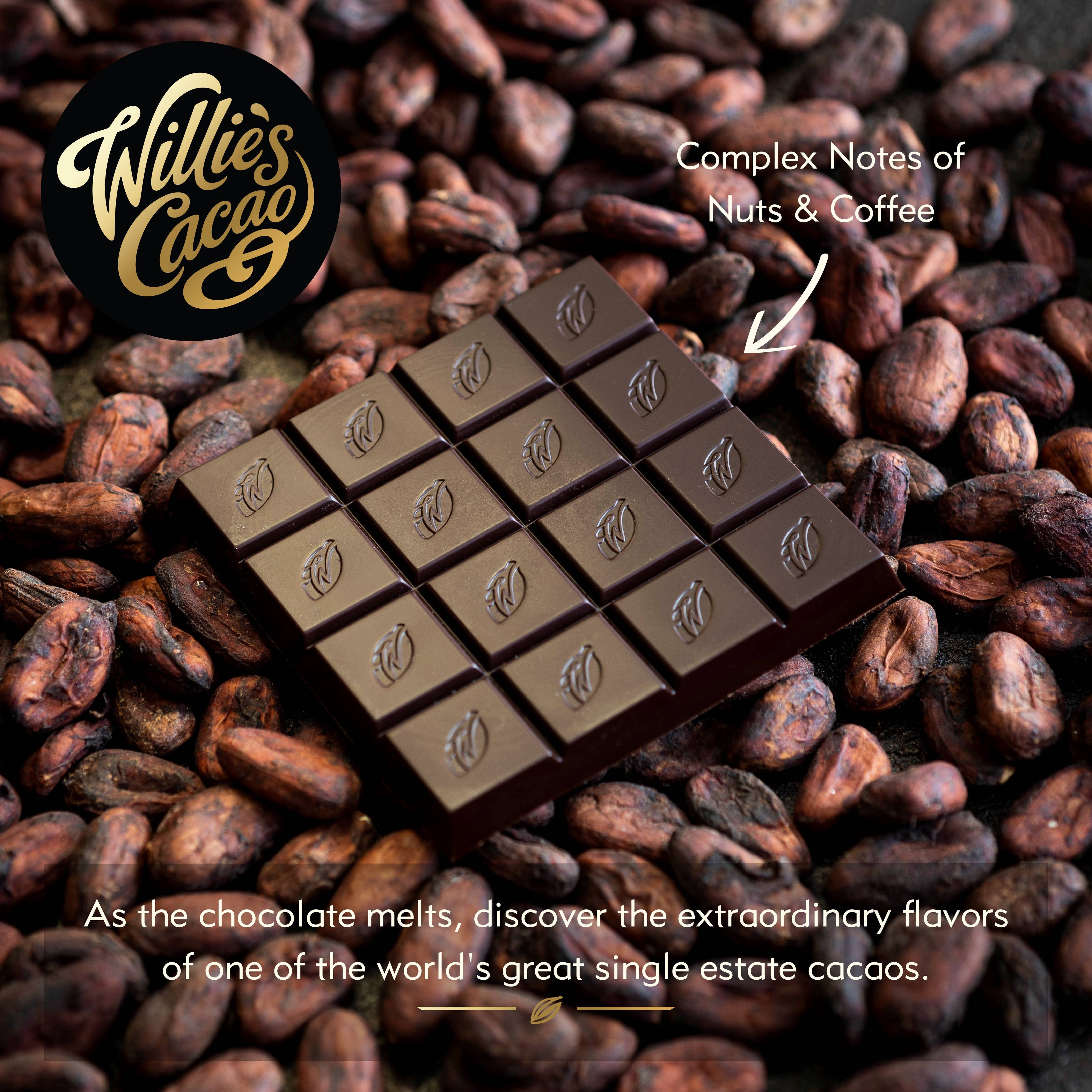 Willie's Cacao 72% Rio Caribe Gold Venezuelan Dark Chocolate bar unwrapped on cacao beans with complex notes of nuts and coffee