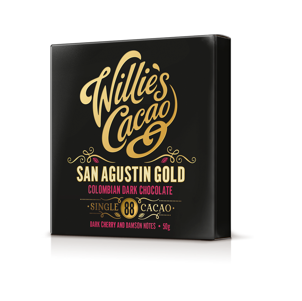 Willie's Cacao San Agustín Gold 88% Colombian Dark Chocolate black box on white background, single-origin San Agustín Colombia, vegan soya-free gluten-free, 50g