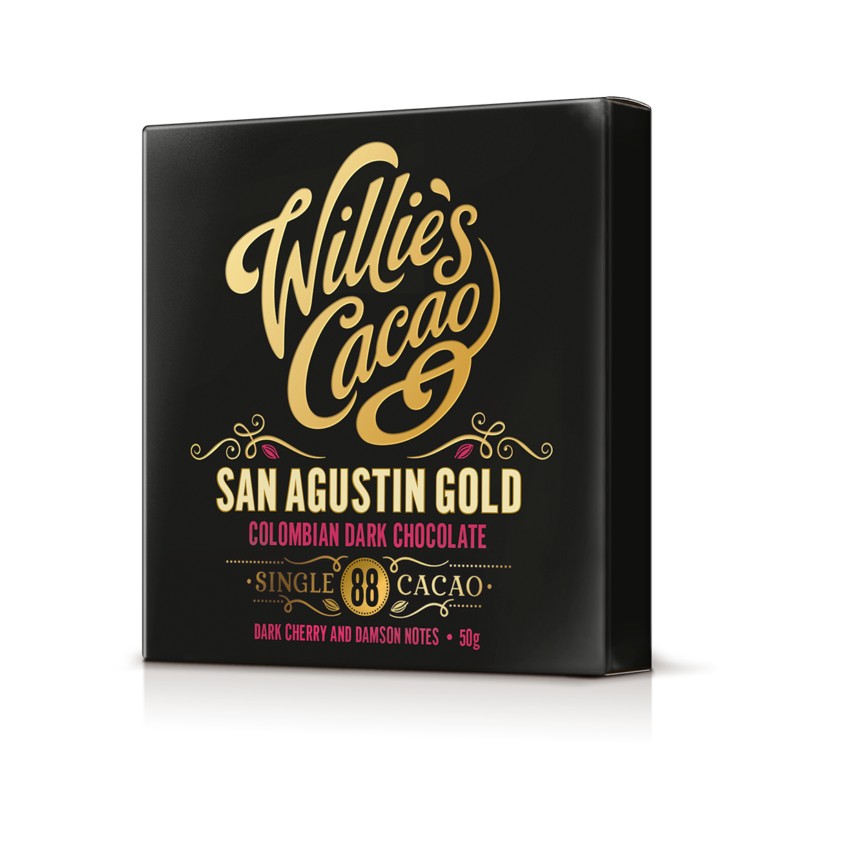 Willie's Cacao San Agustín Gold 88% Colombian Dark Chocolate black box on white background, single-origin San Agustín Colombia, vegan soya-free gluten-free, 50g