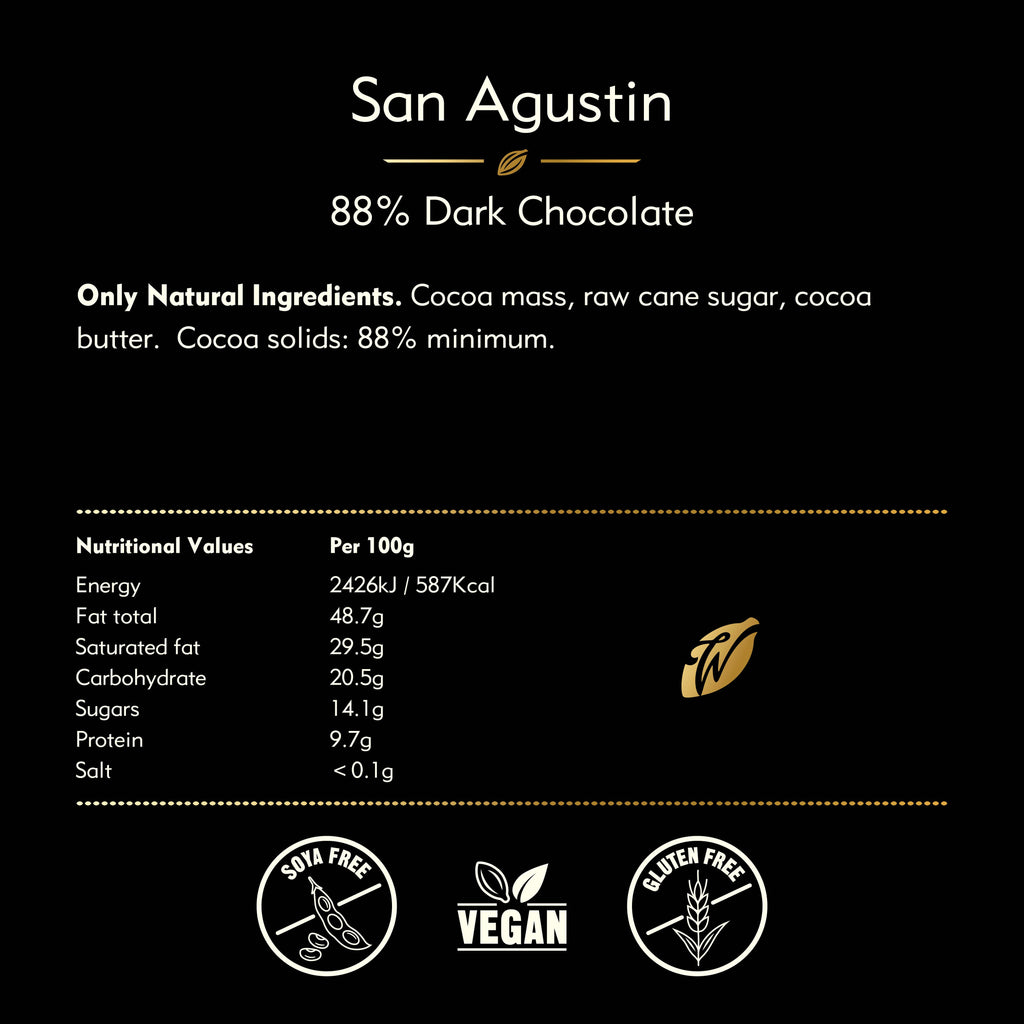 Willie's Cacao San Agustín Gold 88% Dark Chocolate nutrition facts and ingredients label — cocoa mass, raw cane sugar, cocoa butter, soya-free vegan gluten-free