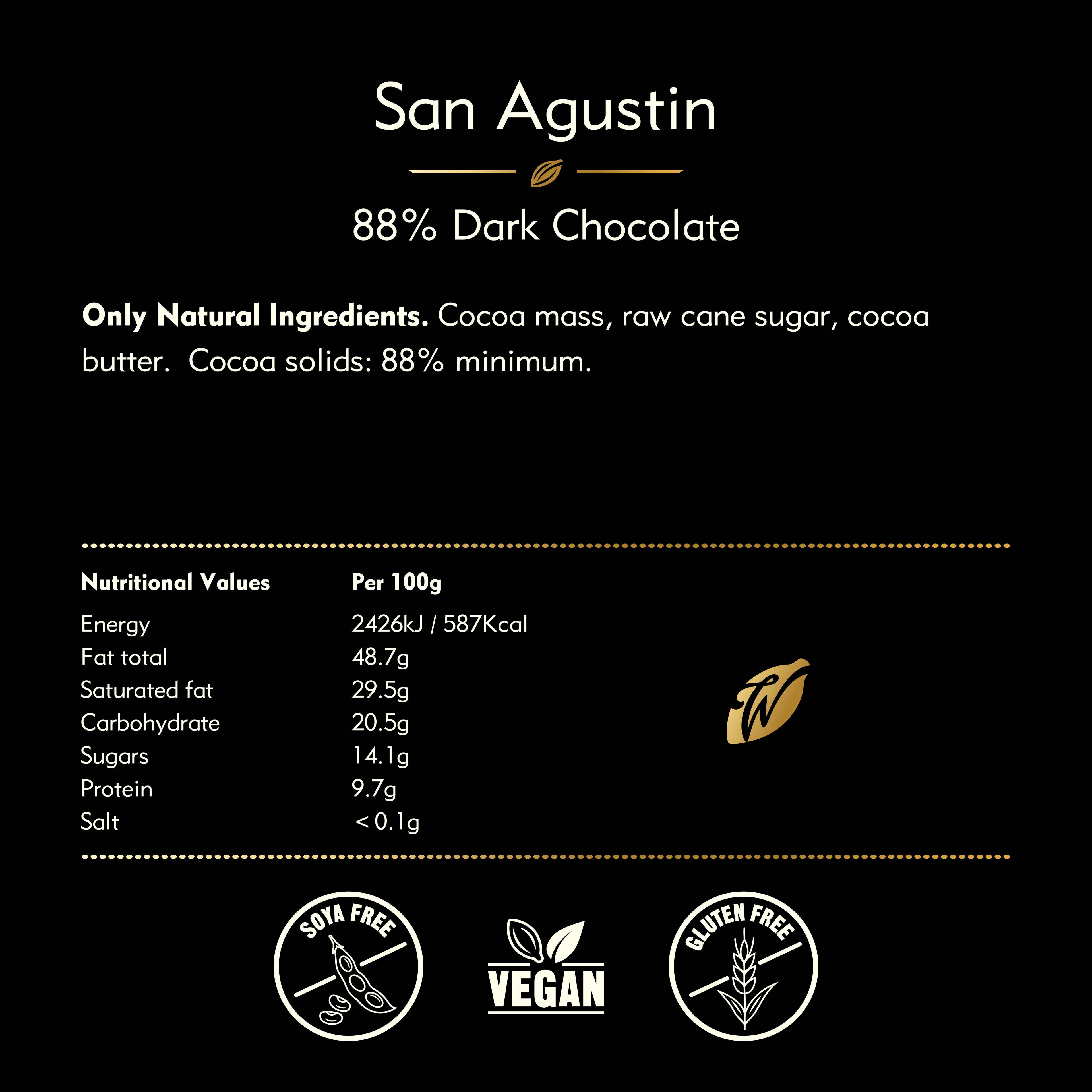 Willie's Cacao San Agustín Gold 88% Dark Chocolate nutrition facts and ingredients label — cocoa mass, raw cane sugar, cocoa butter, soya-free vegan gluten-free