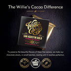 Willie's Cacao San Agustín Gold 88% Colombian Dark Chocolate packaging and wrapped bar on dark background with direct trade and bean-to-bar badges