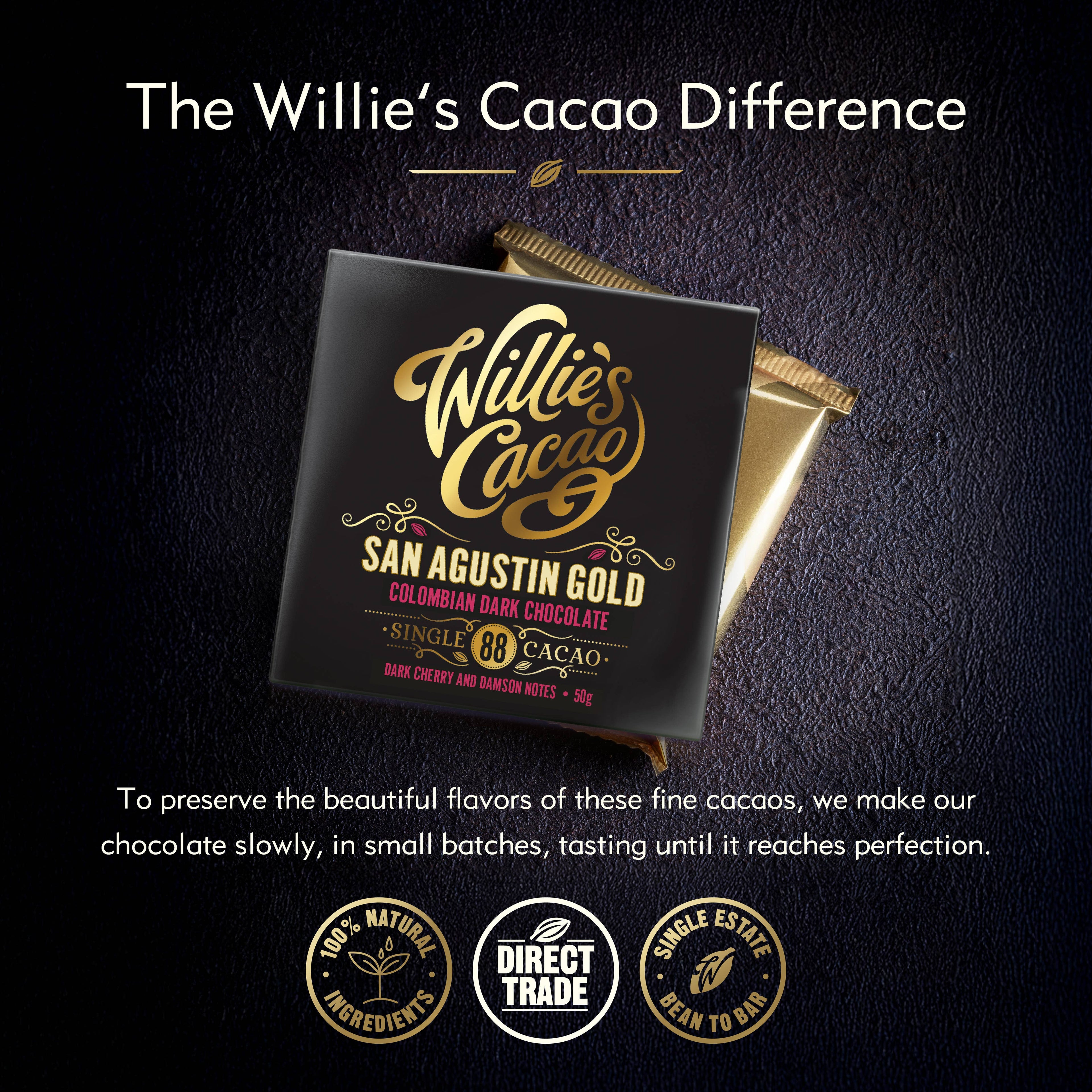 Willie's Cacao San Agustín Gold 88% Colombian Dark Chocolate packaging and wrapped bar on dark background with direct trade and bean-to-bar badges