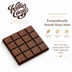 Willie's Cacao 100% Pure Gold tasting graphic showing an unwrapped bar and smooth, nutty tasting notes.