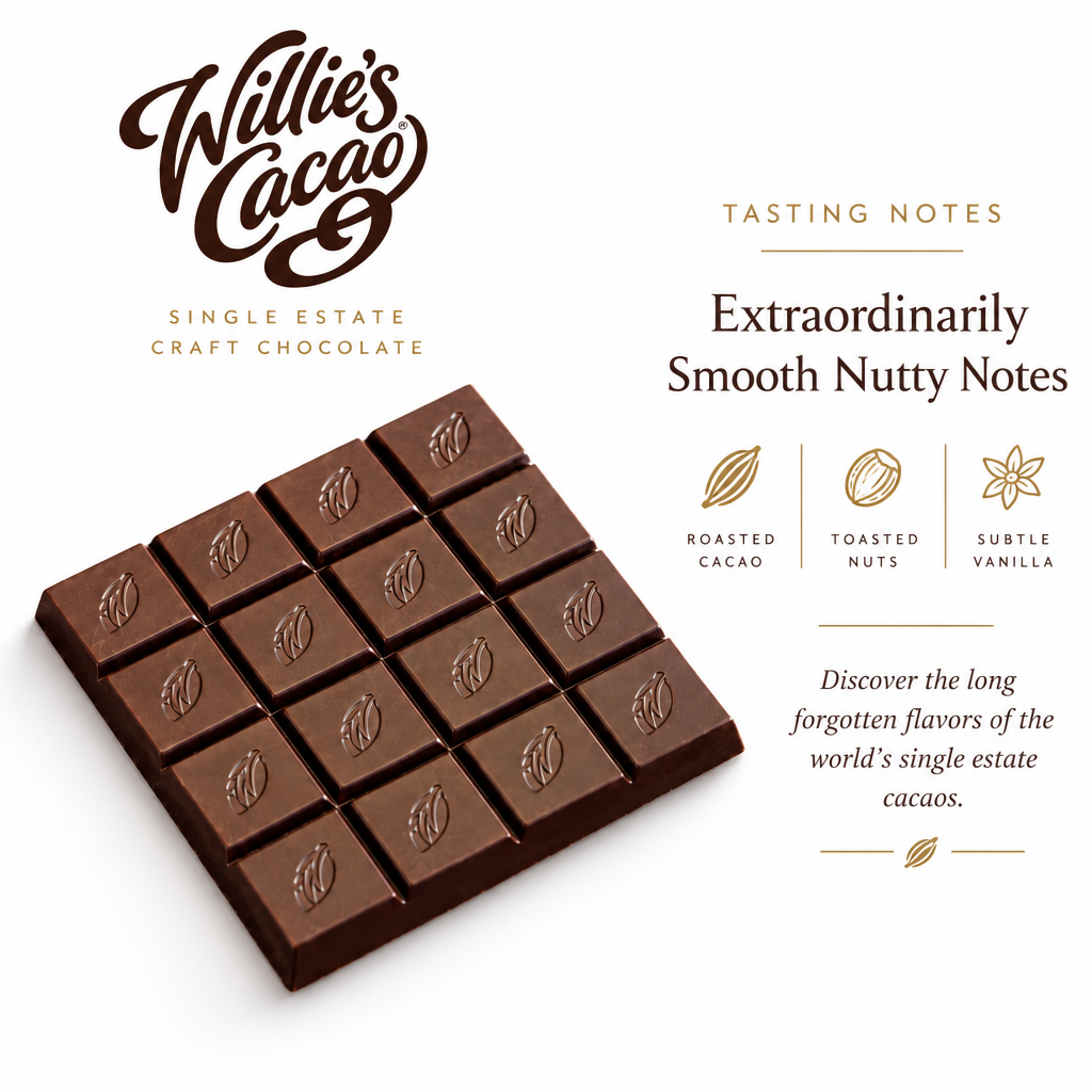 Willie's Cacao 100% Pure Gold tasting graphic showing an unwrapped bar and smooth, nutty tasting notes.