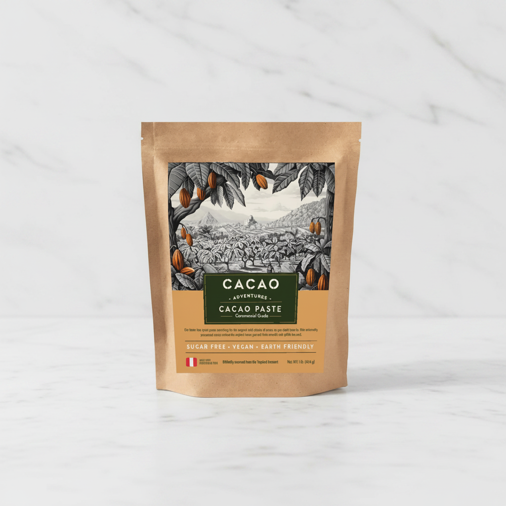 Cacao Adventures Ceremonial Grade Cacao Paste kraft pouch on white marble surface, single-origin Piura Peru, sugar-free and vegan