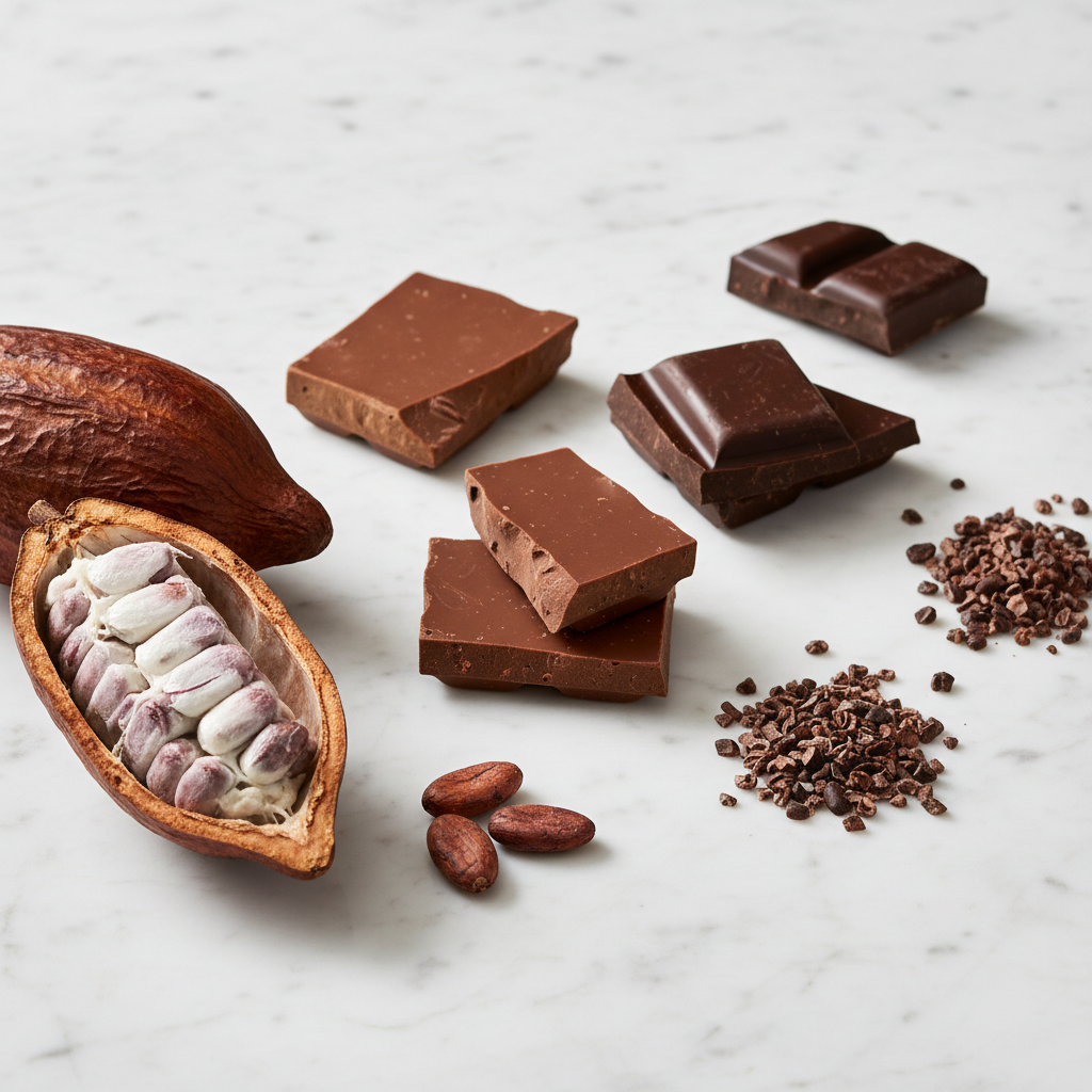 Dark chocolate pieces, cacao nibs, and a split cacao pod on white marble — Cacao Voyage Dark Chocolate Deep Dive, featuring four single-origin bars from 63% to 88%