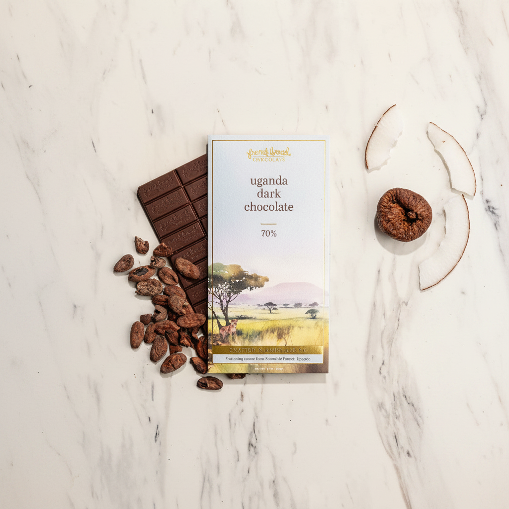 French Broad Chocolate Uganda Dark Chocolate 70% bar on white marble with raw cacao beans, dried fig, and coconut flake representing tasting notes of chocolate cake, fig, and coconut, single-origin Semuliki Forest Uganda