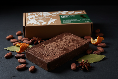 Raw ceremonial cacao paste block unwrapped on a dark surface with Cacao Adventures kraft box open behind it, scattered cacao beans and dried botanicals, dramatic side lighting