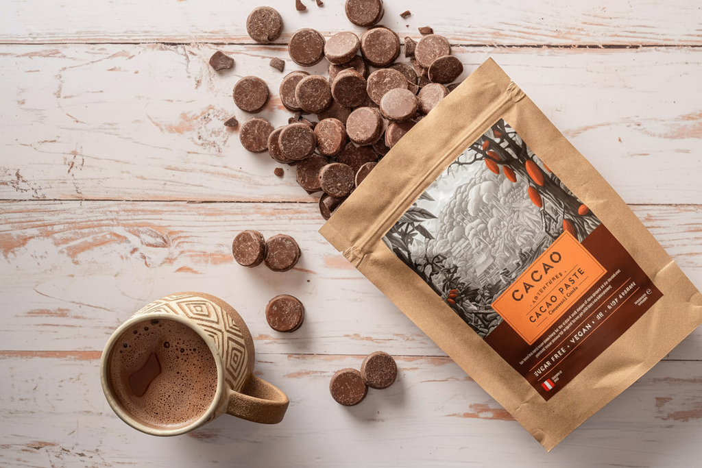 Small round raw ceremonial cacao paste discs scattered on a rustic wooden board with some broken in half, steaming ceramic cup of prepared cacao drink nearby, warm golden lighting