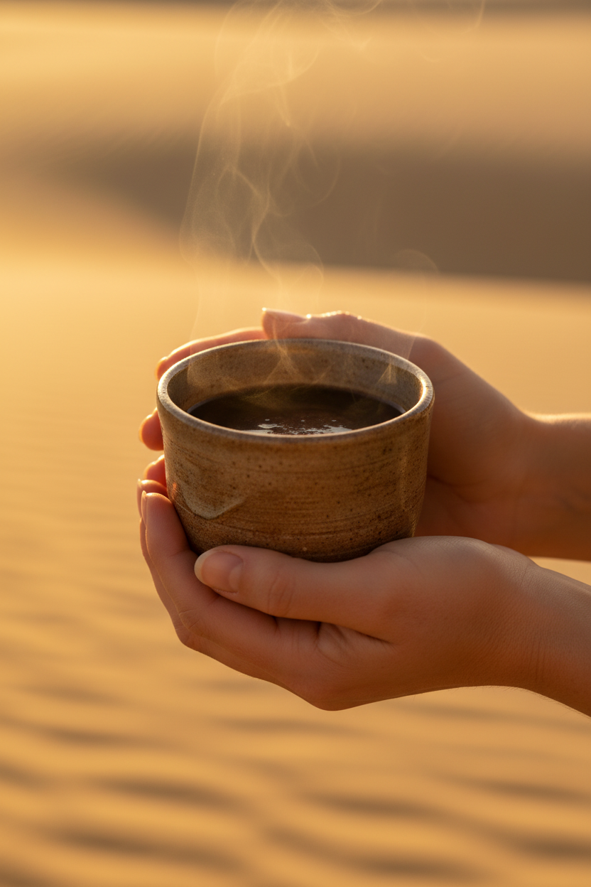Hands cradling a rustic ceramic cup of steaming ceremonial cacao drink in soft warm morning light, meditative and peaceful mood, warm golden desert tones