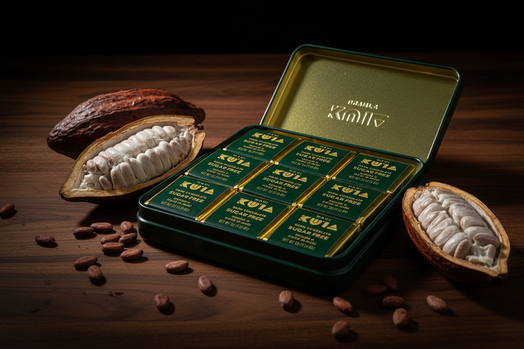 Open green tin with Sugar Free Maui Ku'ia Estate chocolate bars on a wooden surface with cacao beans and a split cacao pod.