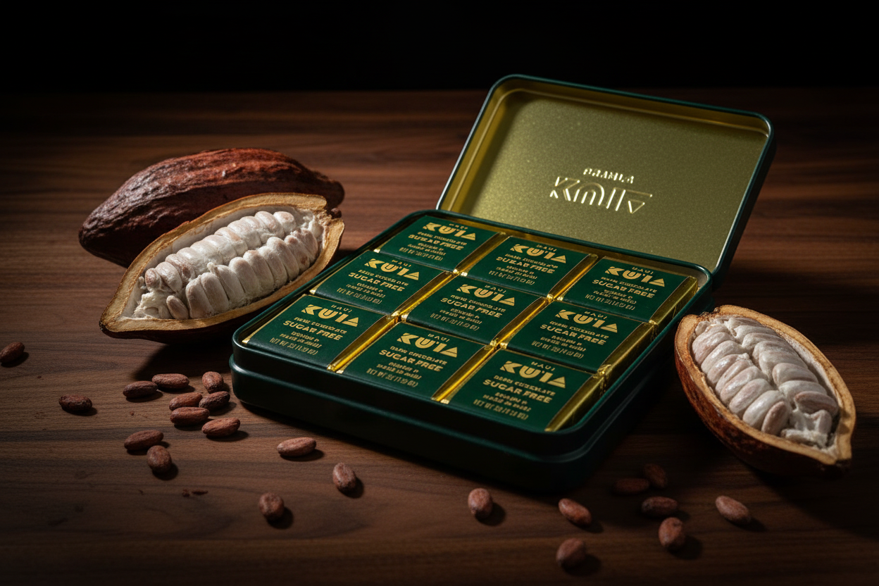 Open green tin with Sugar Free Maui Ku'ia Estate chocolate bars on a wooden surface with cacao beans and a split cacao pod.