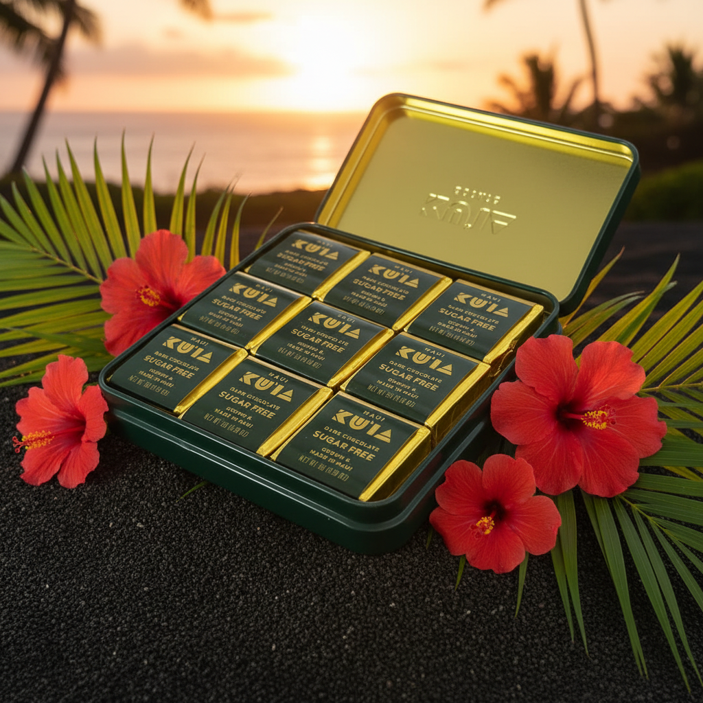 Green tin box with Sugar Free Maui Ku'ia Estate chocolate bars on a beach with red flowers and palm leaves.
