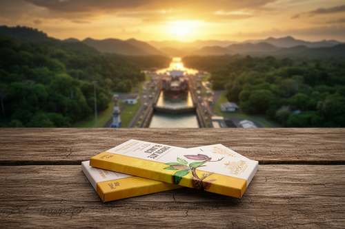 Two Mahogany Chocolate Blanco white chocolate bars on rustic wood ledge overlooking the Panama Canal at sunset