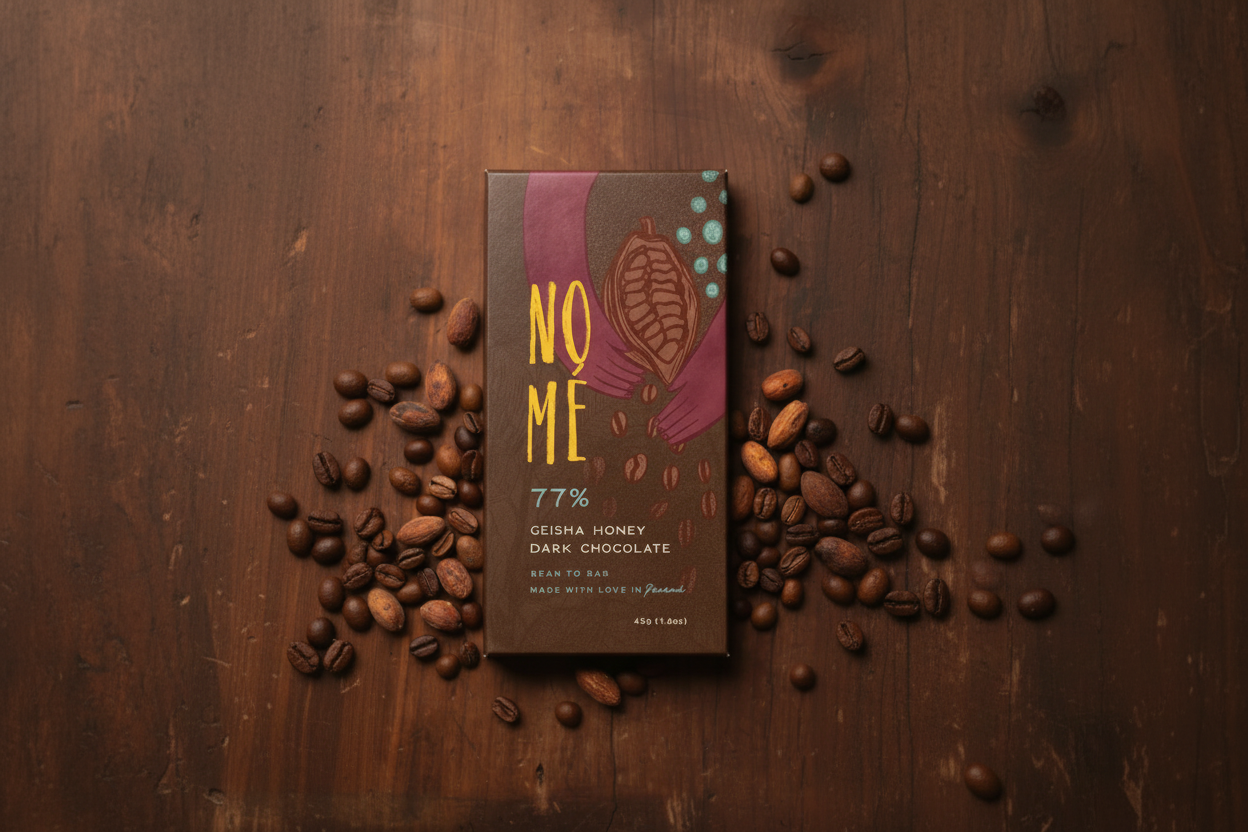 Nomé 77% Geisha Coffee Dark Chocolate bar with roasted Geisha coffee beans on a warm dark wood surface