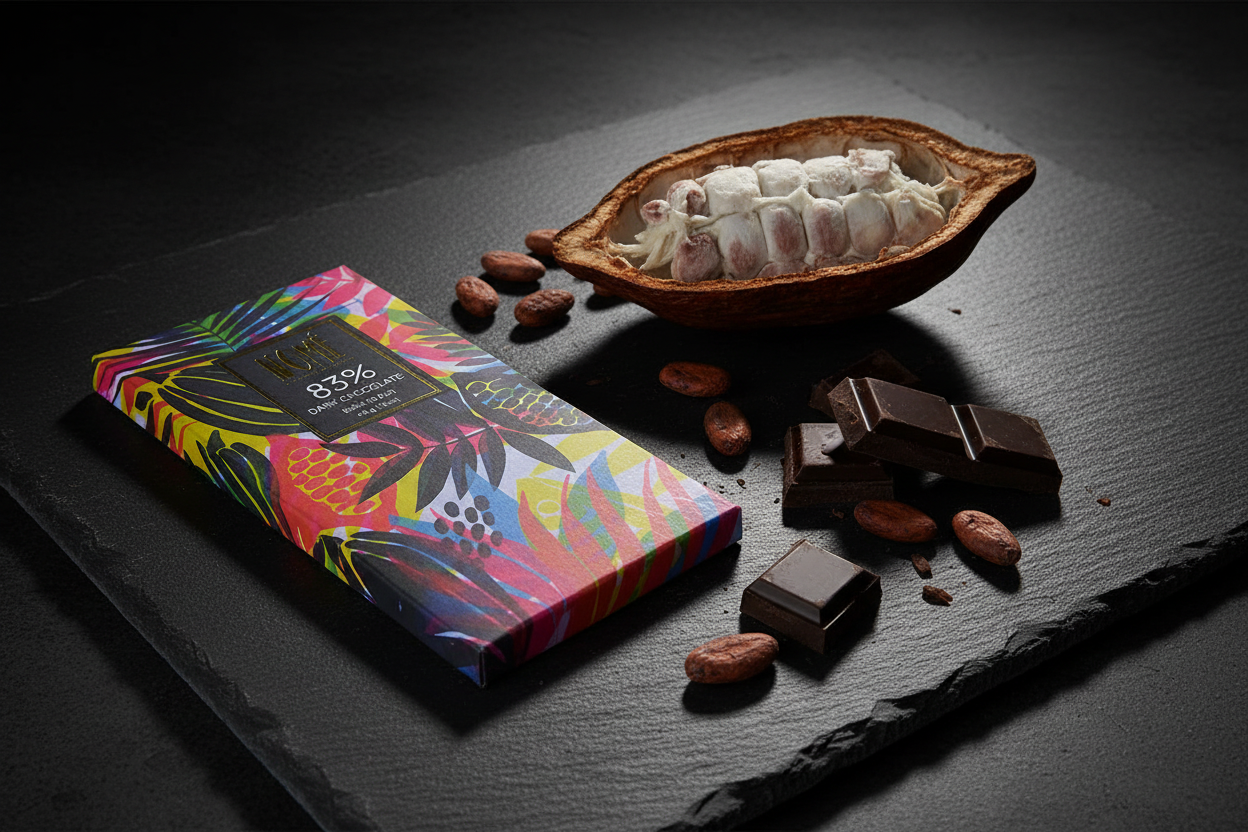 Nomé 83% Dark Chocolate bar with tropical print packaging on dark surface with chocolate pieces and cacao pod, single-origin Panama