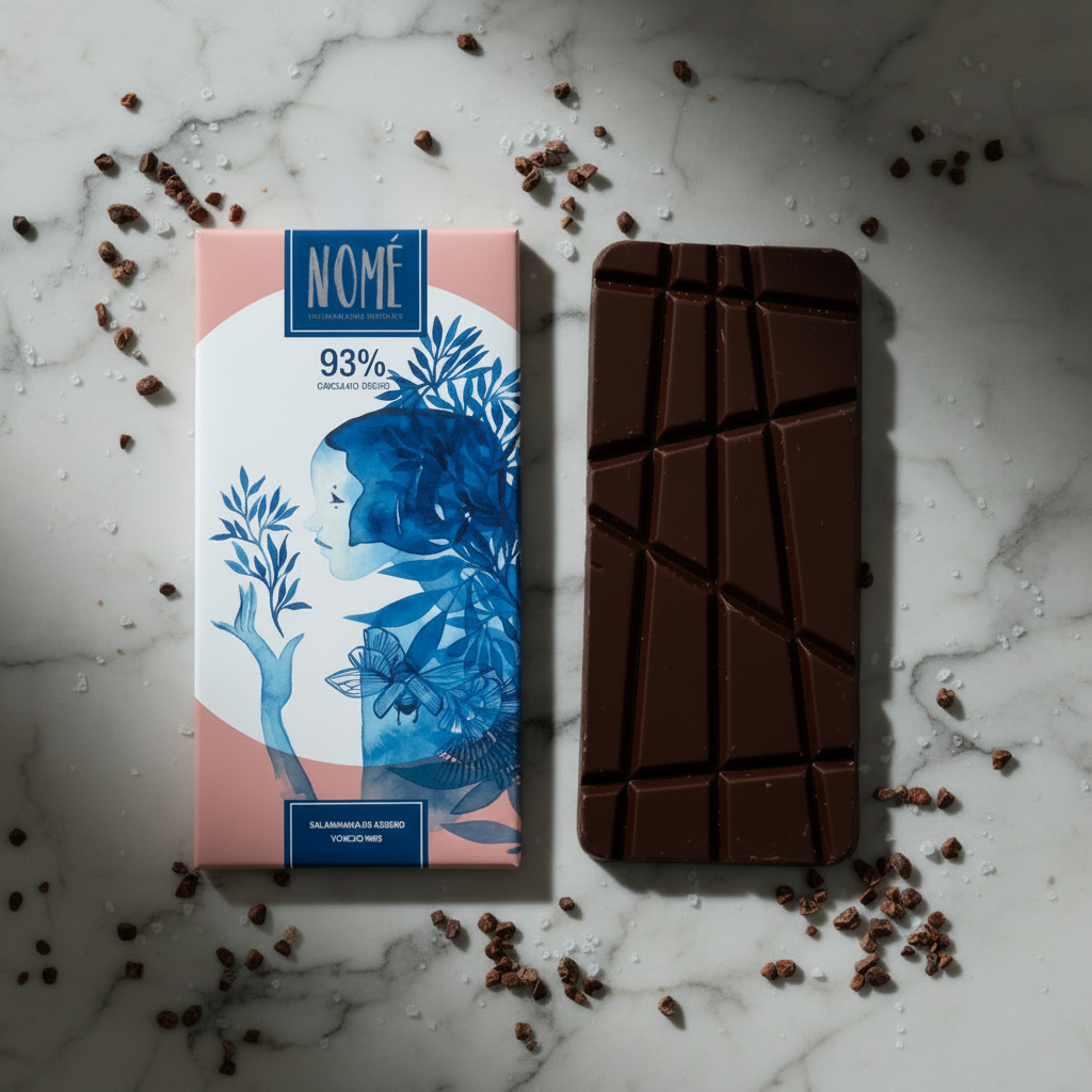 Nomé 93% Chocolate Oscuro packaging and unwrapped dark chocolate bar with diagonal score lines on white marble with sea salt flakes and cacao nibs, single-origin Panama, vegan