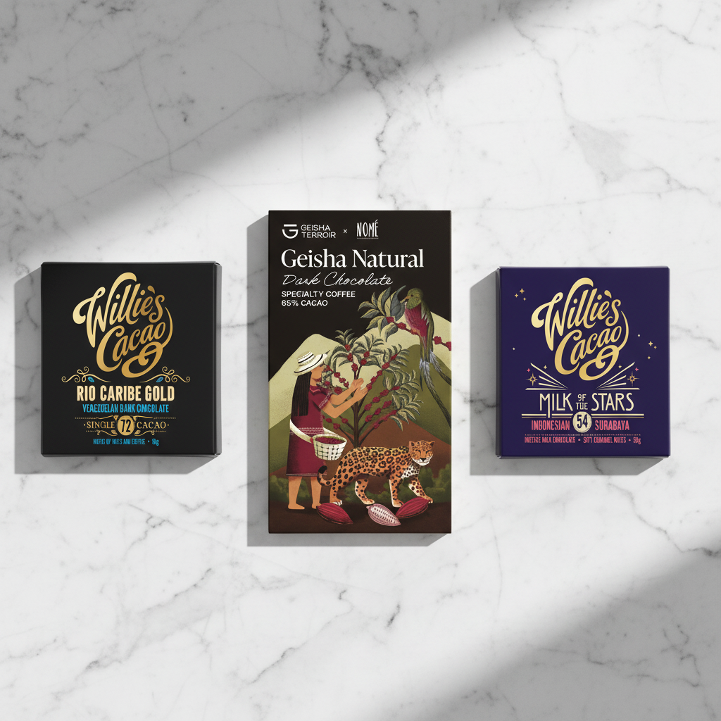 Cacao Voyage Tasting Trio — three craft chocolate bars side by side: Willie's Cacao Rio Caribe Gold 72% dark, Nome Geisha Natural 65% dark, and Willie's Cacao Milk of the Stars 54% milk chocolate.