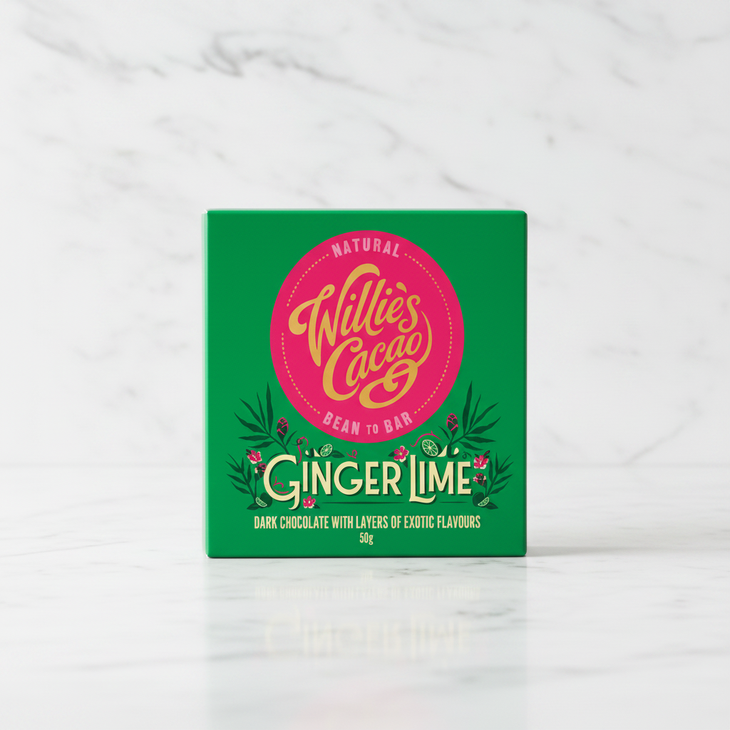 Willie's Cacao Ginger Lime 70% Dark Chocolate green box on white marble surface, crystallised ginger and essential lime oil, vegan soya-free gluten-free, 50g
