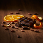 Willie's Cacao Luscious Orange 65% Dark Chocolate bar broken open on dark wooden surface with fresh orange slices, orange peel, and raw cacao beans, delicate orange notes, single-origin 