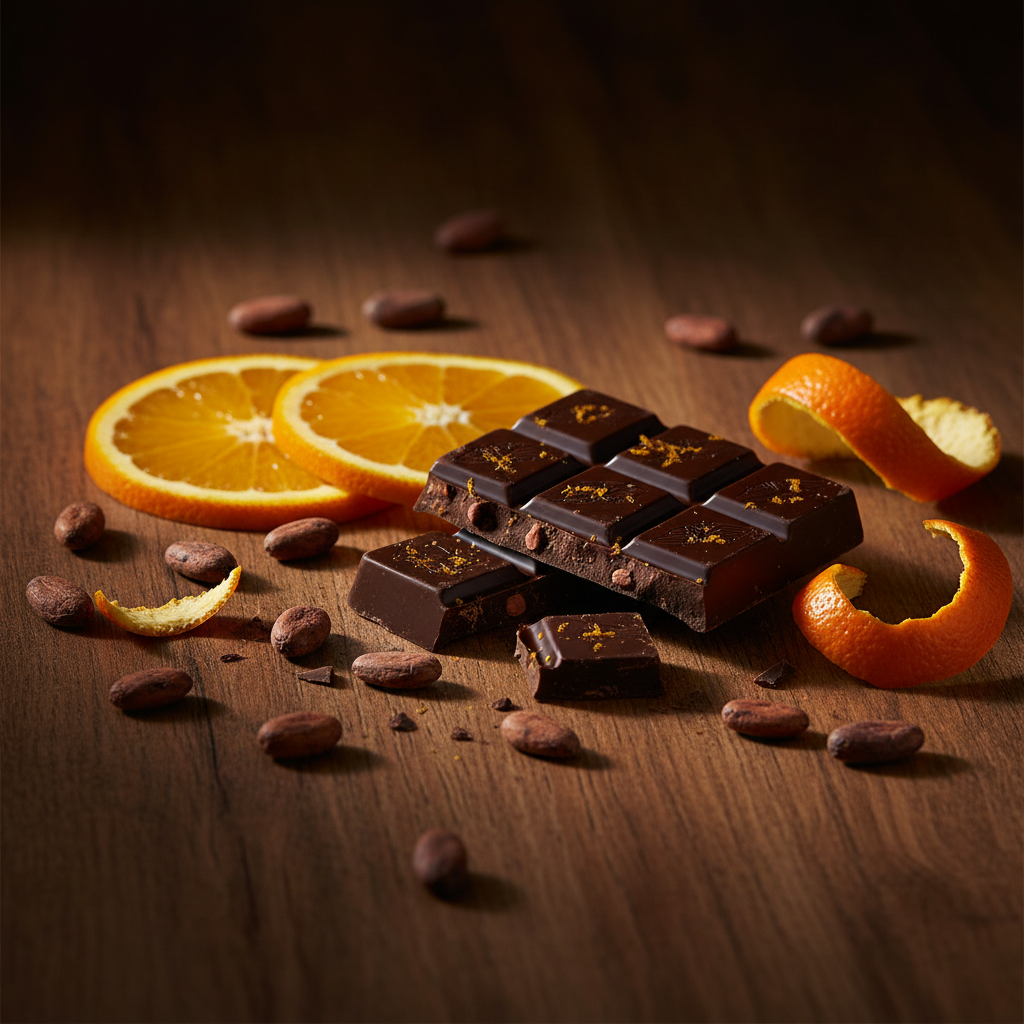 Willie's Cacao Luscious Orange 65% Dark Chocolate bar broken open on dark wooden surface with fresh orange slices, orange peel, and raw cacao beans, delicate orange notes, single-origin 