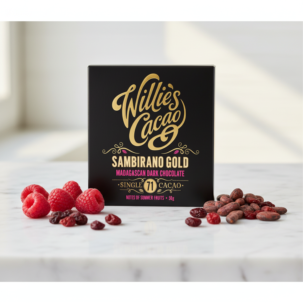 Willie's Cacao Sambirano Gold 71% Madagascan Dark Chocolate black box on white marble with fresh raspberries and summer berries, single-origin Sambirano Valley Madagascar, vegan soy-free gluten-free, 50g